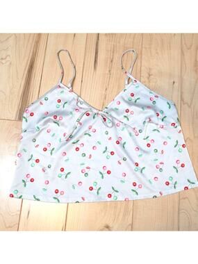 Colsie Cherry Print Satin Cami Top Coquette Bow Tie Front S